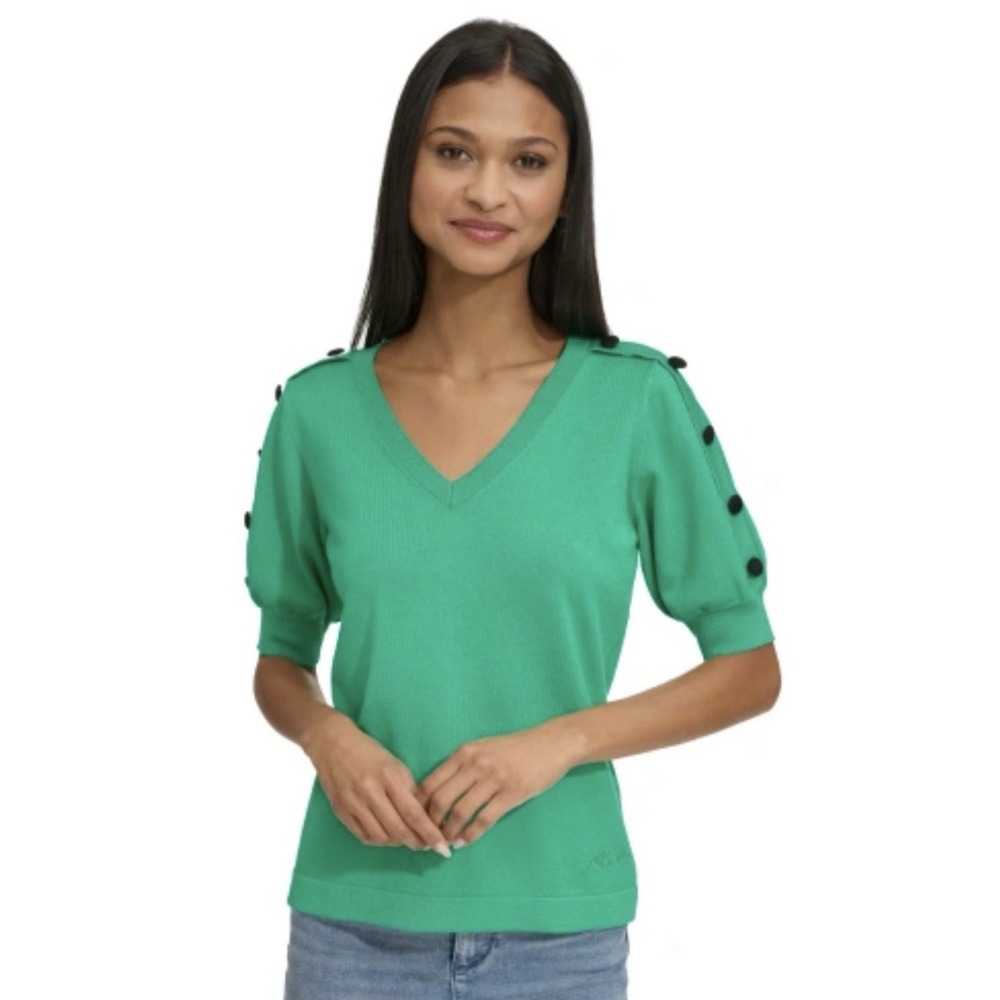 Karl Lagerfeld Paris Kelly Green V-Neck Button-Sleeve Knit Sweater L4XSS718 Med - Picture 2 of 8